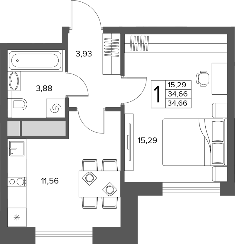 Планировка однокомнатная 34.66 м² в ЖК «Городской бор», корпус 2