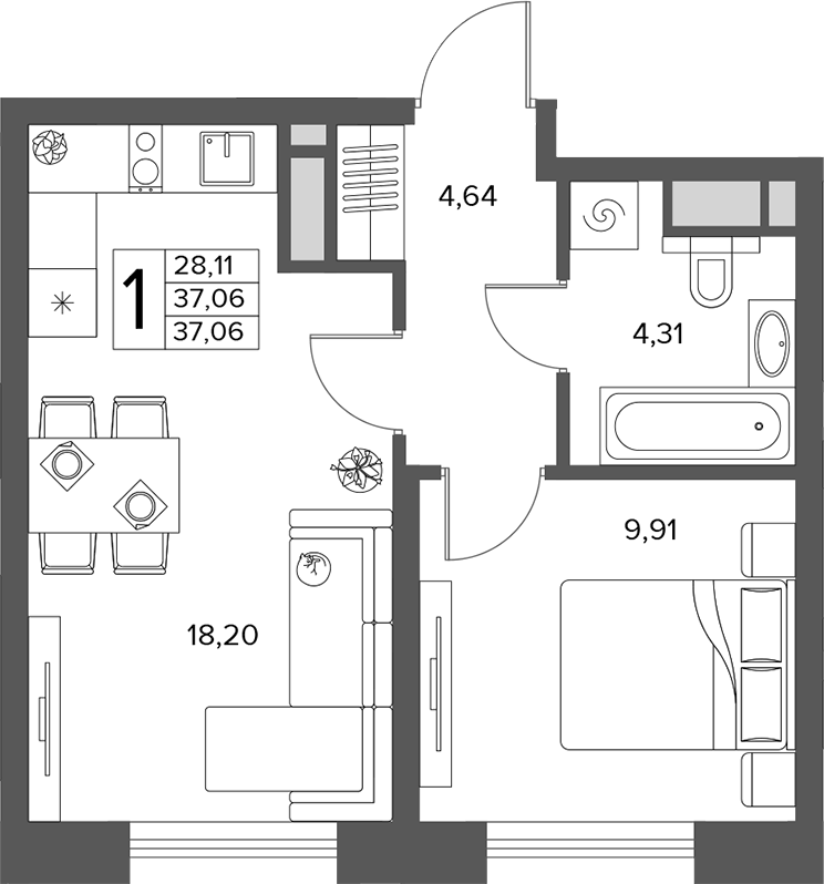 Планировка евродвушка (2Е) 37.06 м² в ЖК «Городской бор», корпус 2