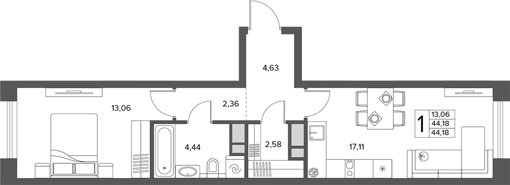 Планировка евродвушка (2Е) 44.18 м² в ЖК «Городской бор», корпус 2