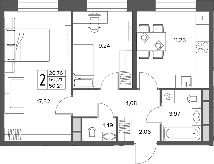 Планировка двухкомнатная 50.21 м² в ЖК «Городской бор», корпус 1