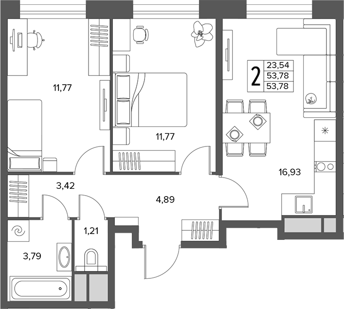 Планировка евротрёшка (3Е) 53.78 м² в ЖК «Городской бор», корпус 1