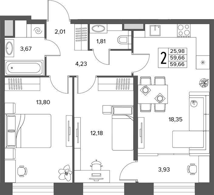 Планировка евротрёшка (3Е) 59.66 м² в ЖК «Городской бор», корпус 1