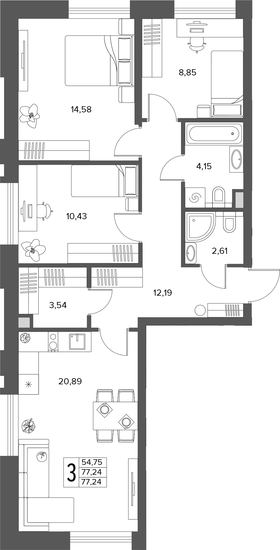 Планировка евро-4 (4Е) 77.24 м² в ЖК «Городской бор», корпус 2