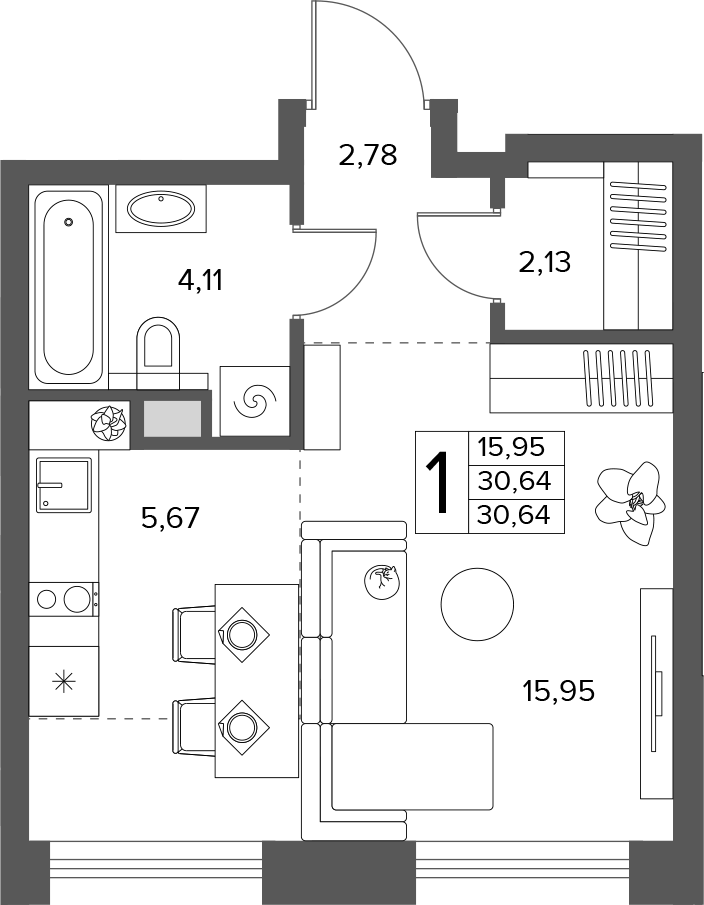 Планировка Студии 30.64 м² в ЖК «Городской бор», корпус 2