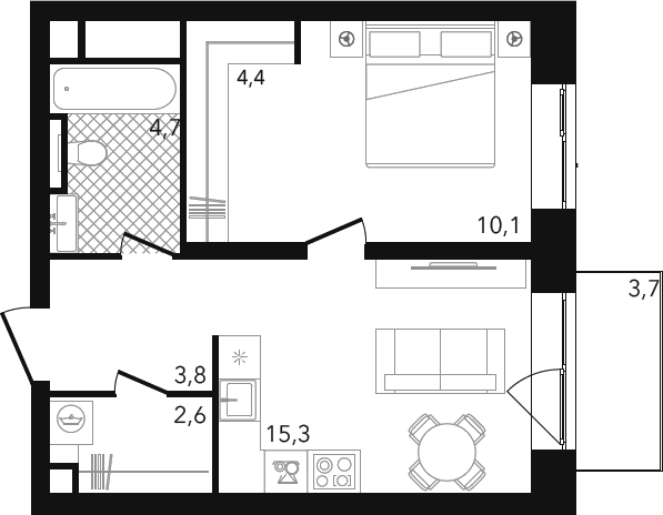 Планировка евродвушка (2Е) 41.98 м² в ЖК «Готовый дом на Пресненском Валу», корпус Дом Редс