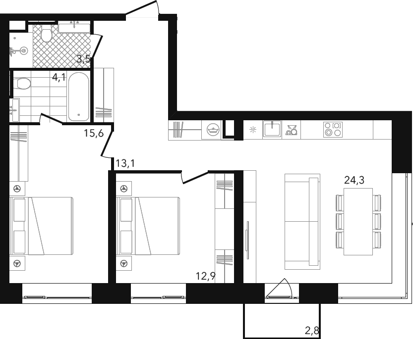Планировка евротрёшка (3Е) 74.19 м² в ЖК «Готовый дом на Пресненском Валу», корпус Дом Редс