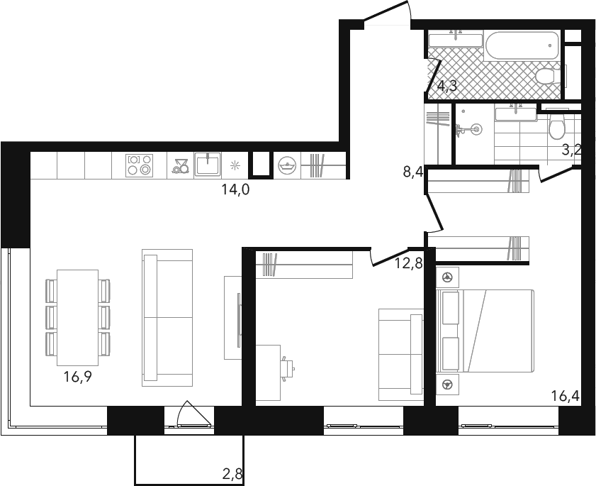 Планировка евротрёшка (3Е) 76.78 м² в ЖК «Готовый дом на Пресненском Валу», корпус Дом Редс
