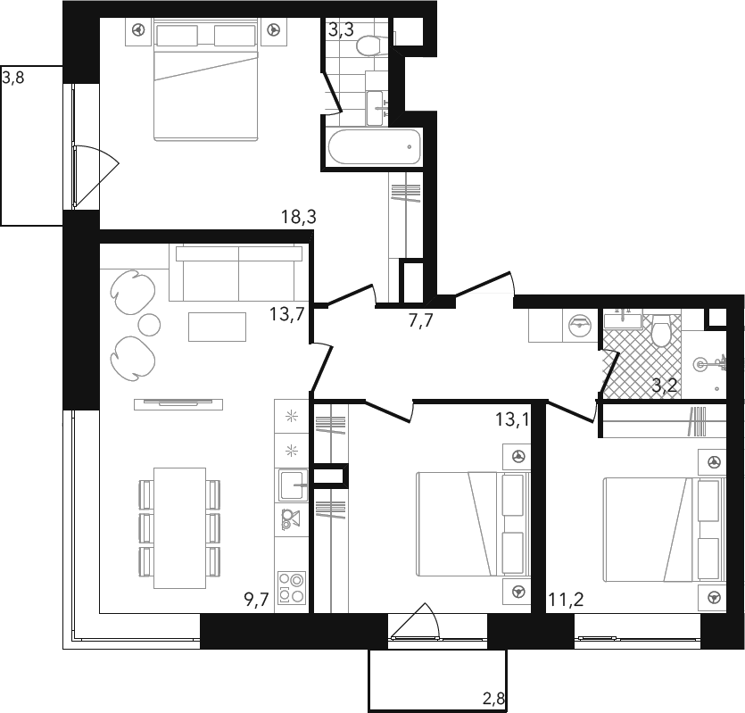 Планировка евро-4 (4Е) 82.06 м² в ЖК «Готовый дом на Пресненском Валу», корпус Дом Редс