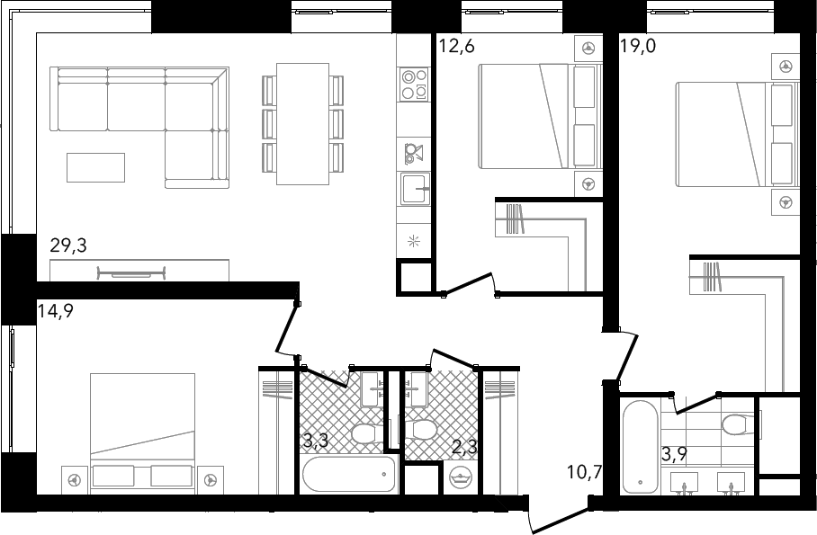 Планировка евро-4 (4Е) 95.98 м² в ЖК «Готовый дом на Пресненском Валу», корпус Дом Редс