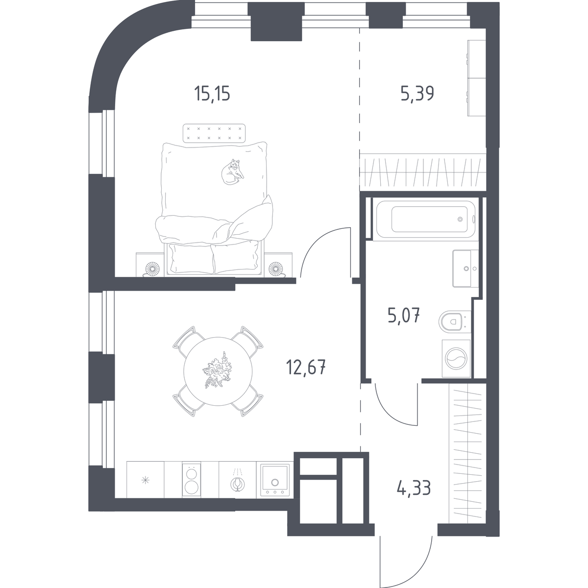 Планировка однокомнатная 42.6 м² в ЖК «Квартал на воде», корпус 5