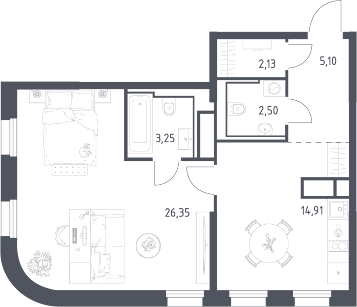 Планировка однокомнатная 54.24 м² в ЖК «Квартал на воде», корпус 5