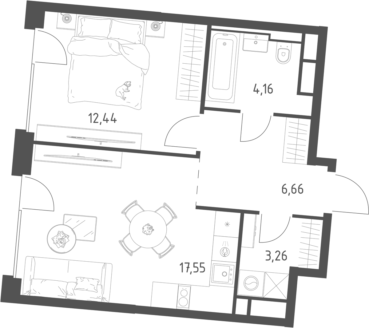 Планировка евродвушка (2Е) 44.07 м² в ЖК «Квартал на воде», корпус 5