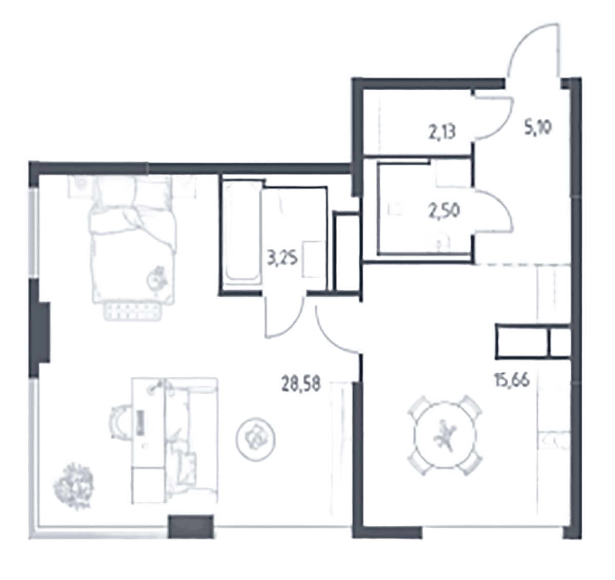 Планировка евродвушка (2Е) 57.2 м² в ЖК «Квартал на воде», корпус 5