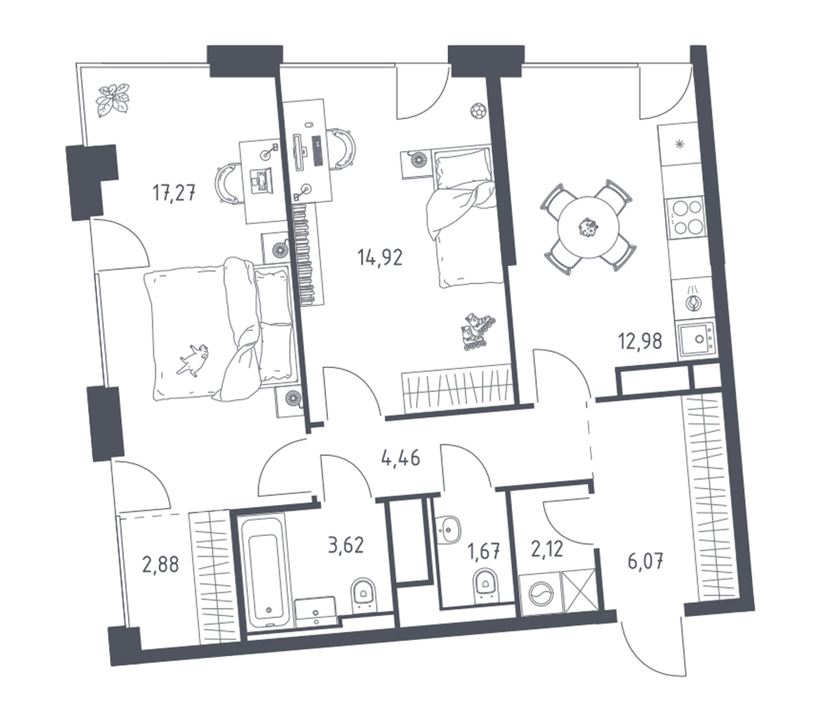 Планировка двухкомнатная 65.99 м² в ЖК «Квартал на воде», корпус 5