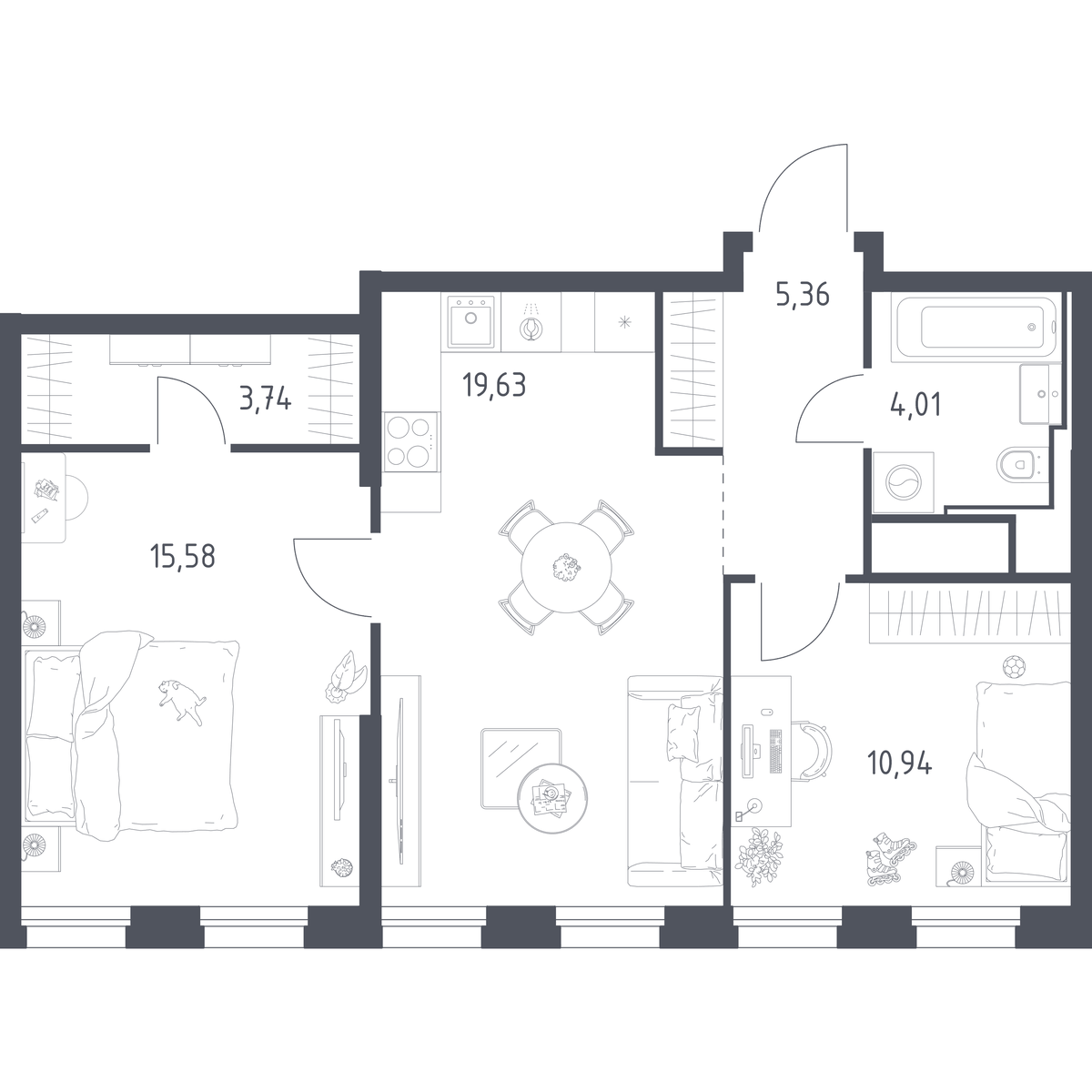 Планировка евротрёшка (3Е) 59.3 м² в ЖК «Квартал на воде», корпус 5