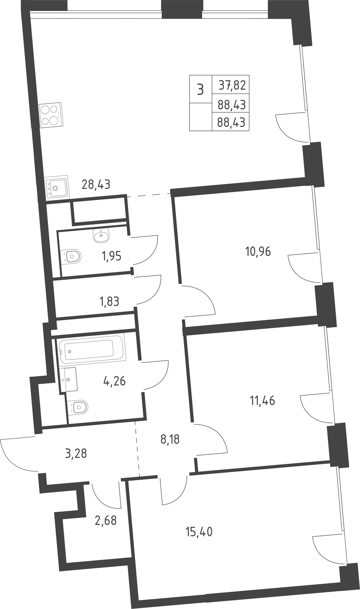 Планировка евро-4 (4Е) 88.43 м² в ЖК «Квартал на воде», корпус 5