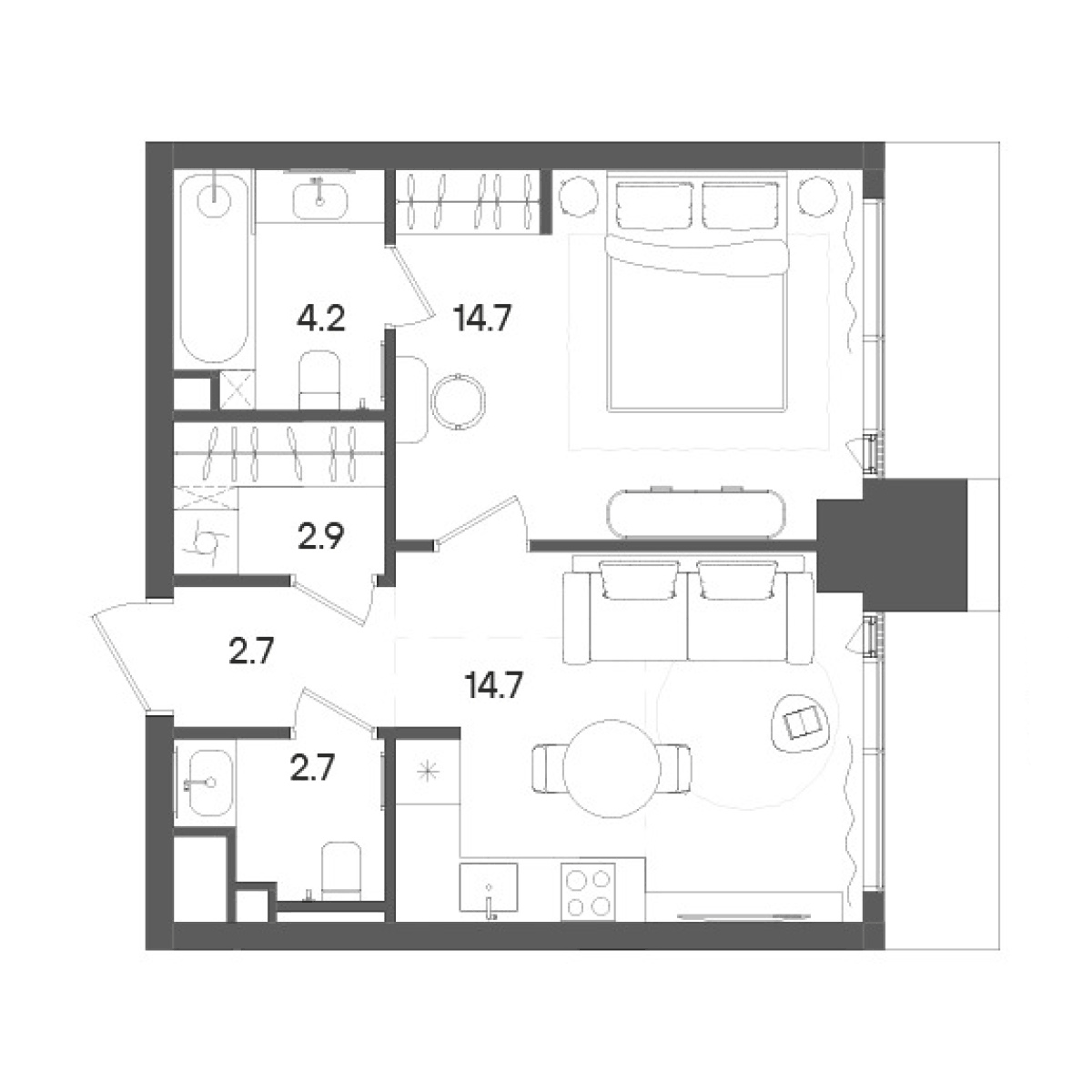 Планировка однокомнатная 41.9 м² в ЖК «СТОУН Грэйн», корпус Башня А