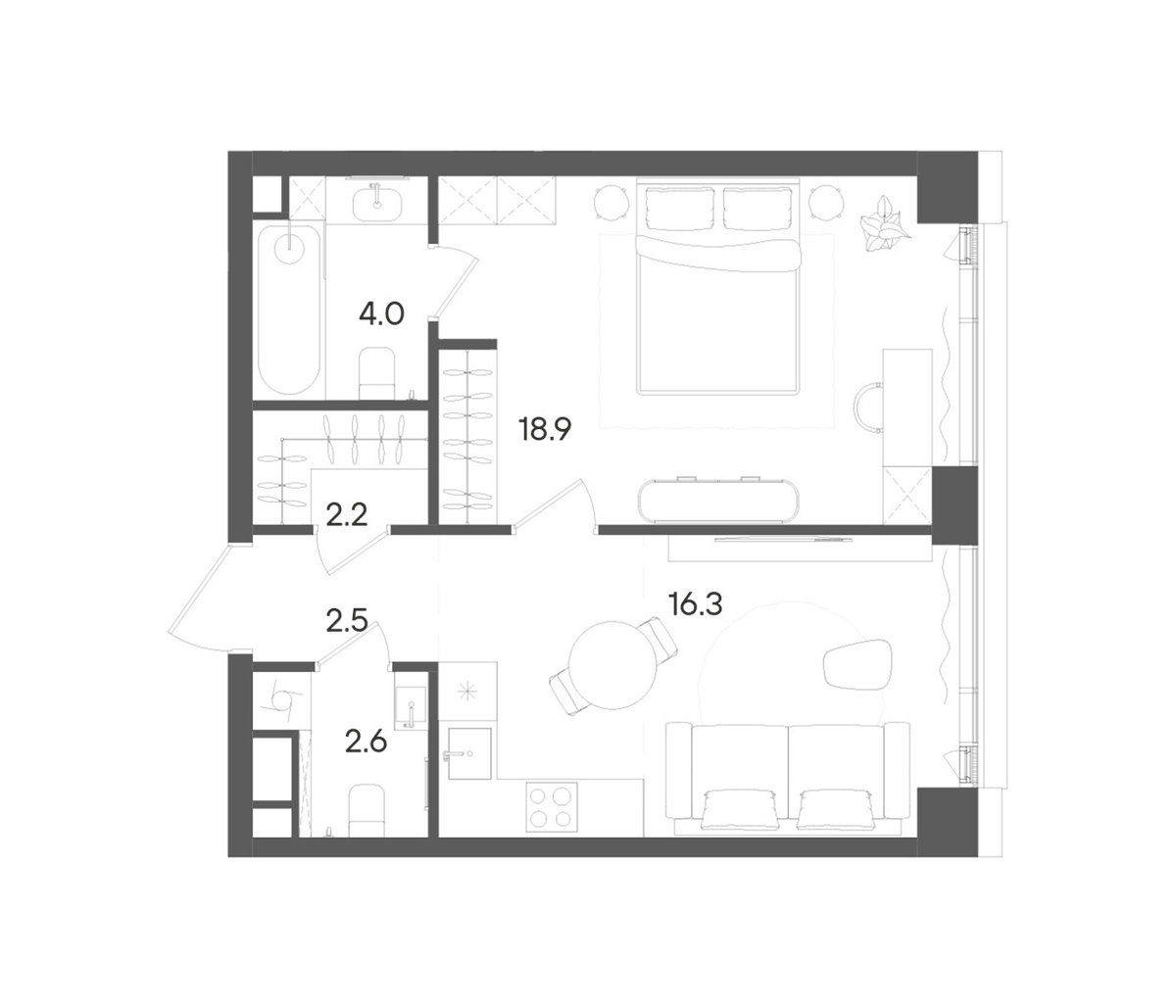 Планировка евродвушка (2Е) 46.5 м² в ЖК «СТОУН Грэйн», корпус Башня B