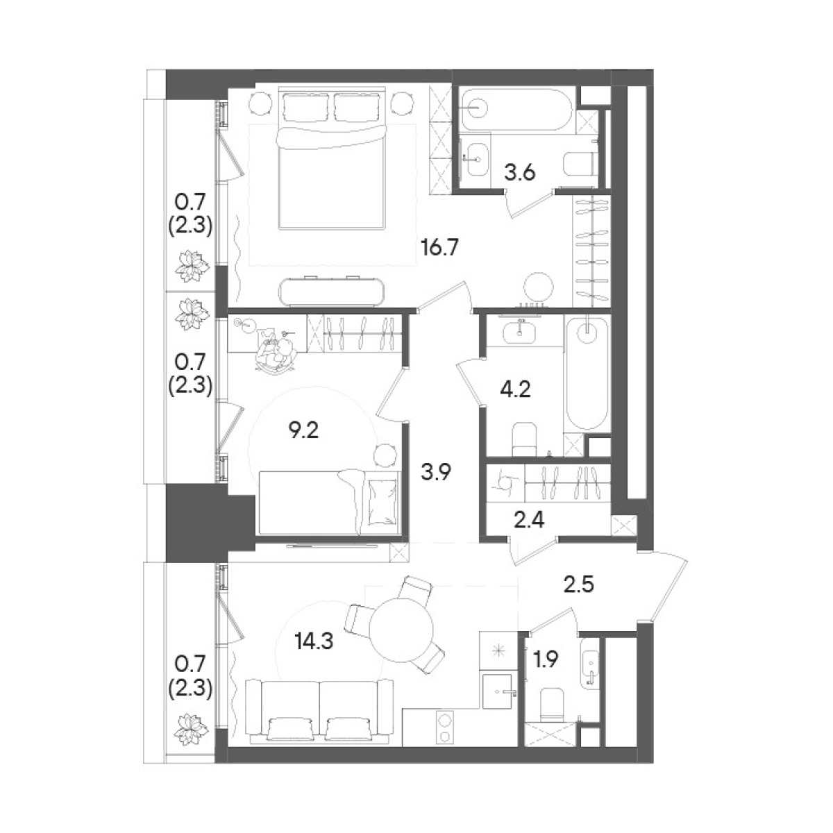 Планировка двухкомнатная 60.8 м² в ЖК «СТОУН Грэйн», корпус Башня А