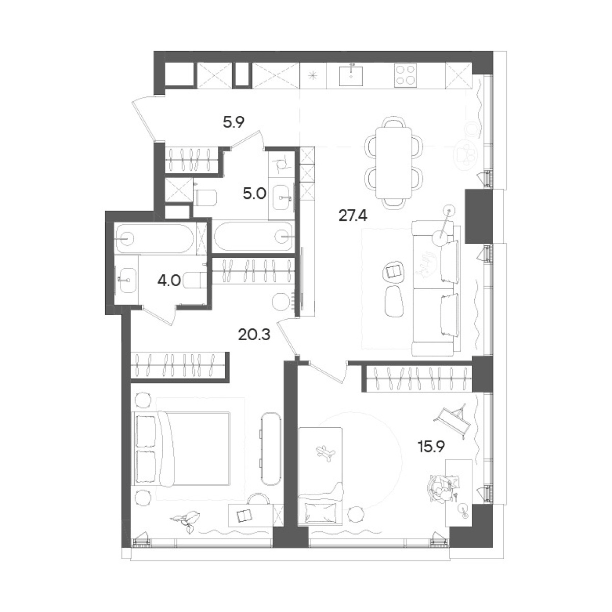 Планировка евротрёшка (3Е) 78.5 м² в ЖК «СТОУН Грэйн», корпус Башня А