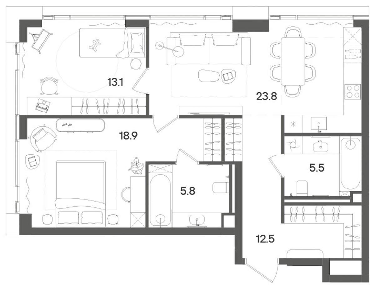 Планировка евротрёшка (3Е) 80.1 м² в ЖК «СТОУН Грэйн», корпус Башня B