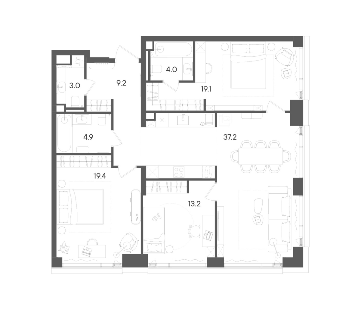 Планировка евро-4 (4Е) 110 м² в ЖК «СТОУН Грэйн», корпус Башня B