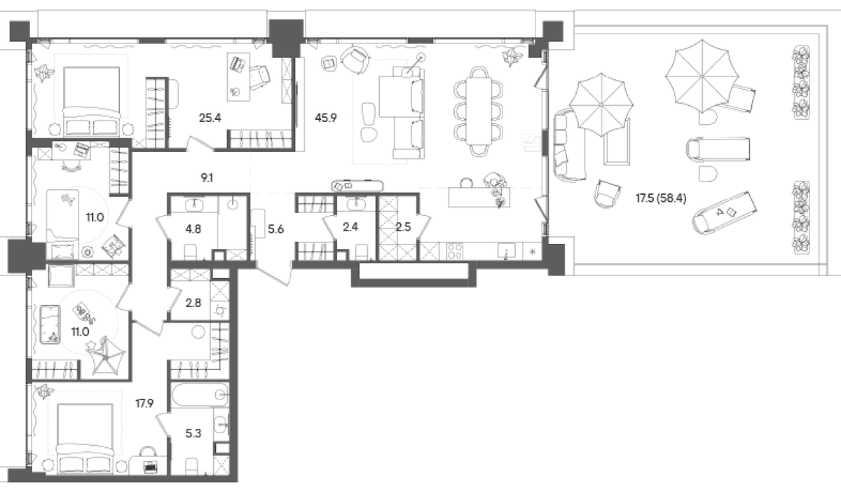 Планировка 5Е-к.кв 161.1 м² в ЖК «СТОУН Грэйн», корпус Башня А