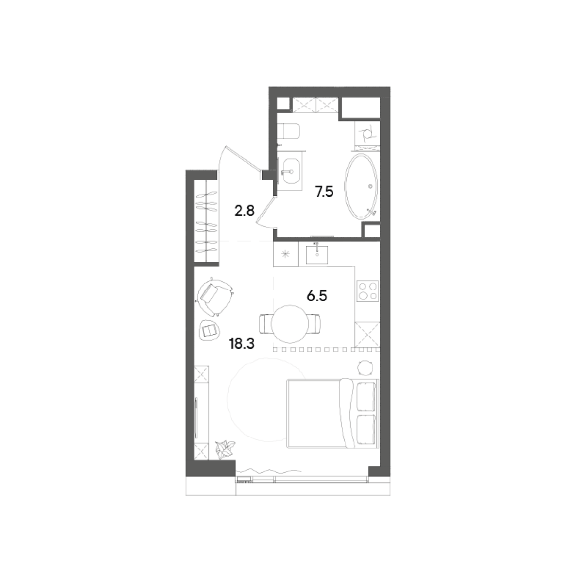 Планировка Студии 35.2 м² в ЖК «СТОУН Грэйн», корпус Башня А