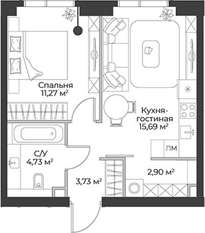 Планировка евродвушка (2Е) 38.32 м² в ЖК «Гранд Фили», корпус 1