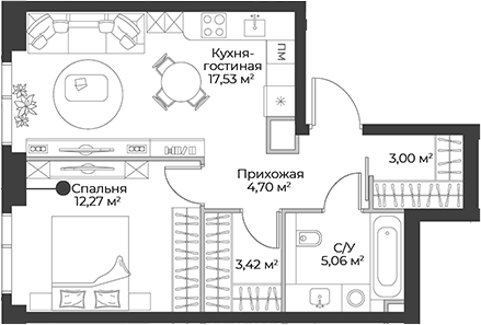 Планировка евродвушка (2Е) 45.98 м² в ЖК «Гранд Фили», корпус 1