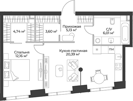 Планировка евродвушка (2Е) 52.03 м² в ЖК «Гранд Фили», корпус 1
