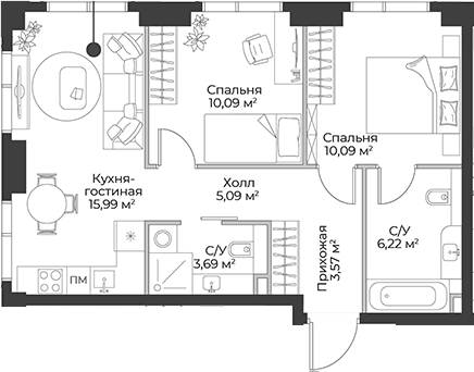 Планировка евротрёшка (3Е) 54.74 м² в ЖК «Гранд Фили», корпус 1
