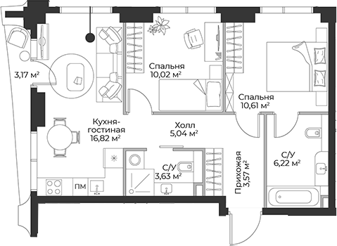 Планировка евротрёшка (3Е) 59.08 м² в ЖК «Гранд Фили», корпус 1