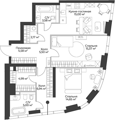 Планировка евротрёшка (3Е) 77.78 м² в ЖК «Гранд Фили», корпус 1