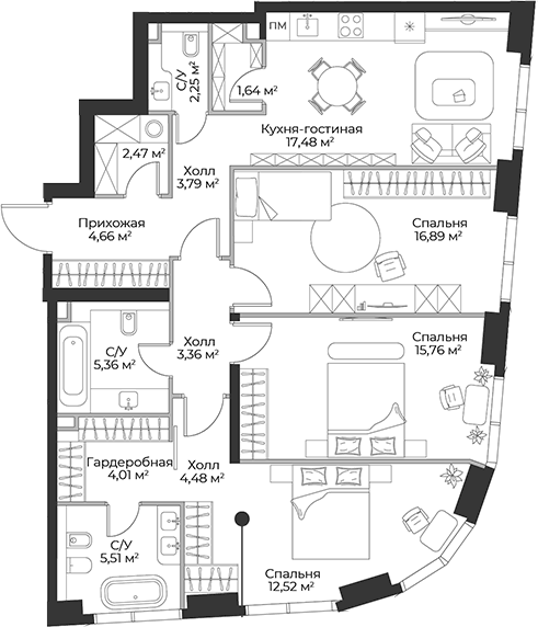 Планировка евро-4 (4Е) 100.18 м² в ЖК «Гранд Фили», корпус 1