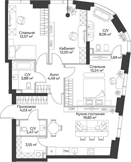 Планировка евро-4 (4Е) 85.81 м² в ЖК «Гранд Фили», корпус 1