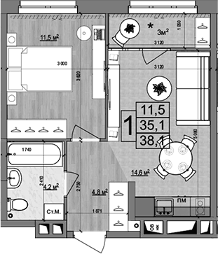 Планировка однокомнатная 38.1 м² в ЖК «Гранд Комфорт 2», корпус 2