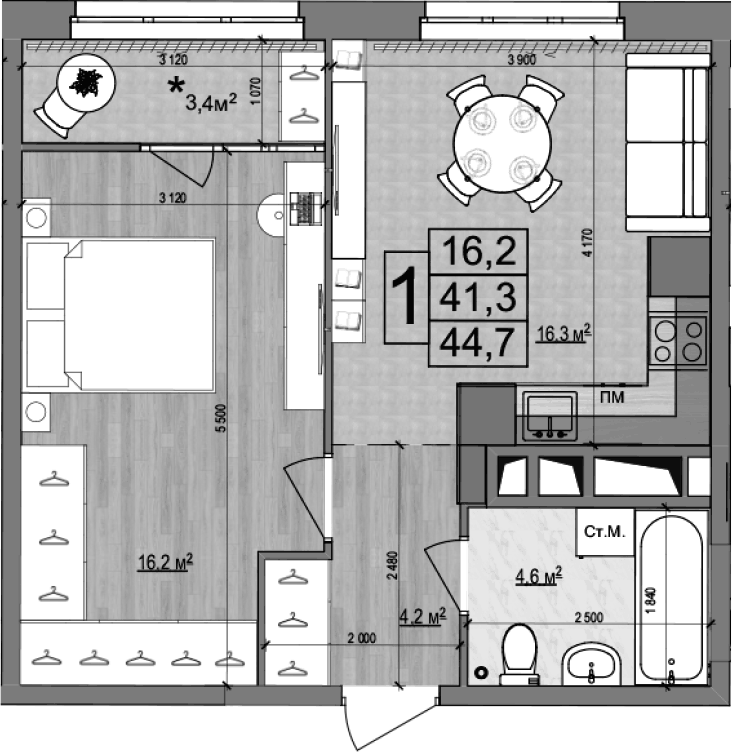 Планировка евродвушка (2Е) 44.7 м² в ЖК «Гранд Комфорт 2», корпус 2