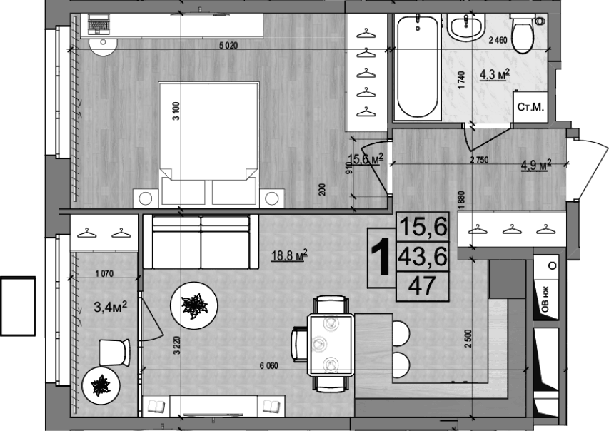 Планировка евродвушка (2Е) 47 м² в ЖК «Гранд Комфорт 2», корпус 2