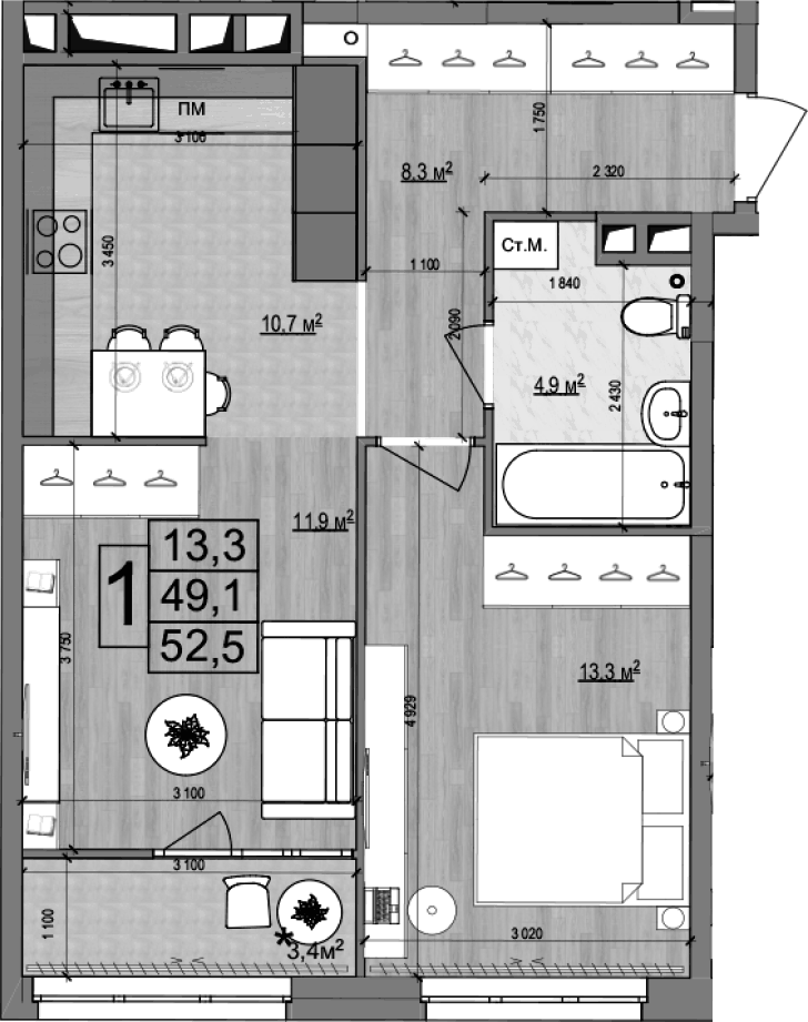 Планировка двухкомнатная 52.5 м² в ЖК «Гранд Комфорт 2», корпус 2