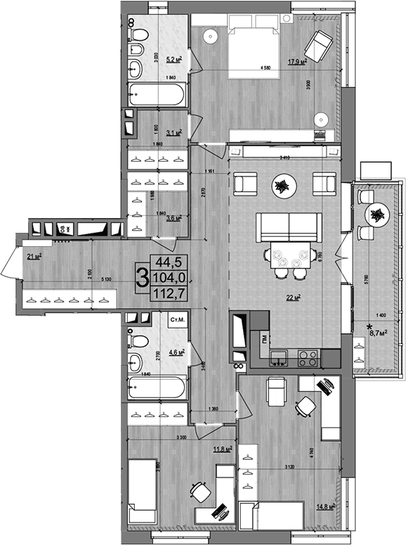 Планировка евро-4 (4Е) 112.7 м² в ЖК «Гранд Комфорт 2», корпус 2
