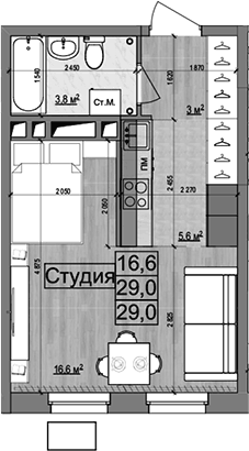 Планировка Студии 29 м² в ЖК «Гранд Комфорт 2», корпус 2