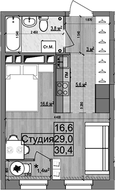Планировка Студии 30.4 м² в ЖК «Гранд Комфорт 2», корпус 2