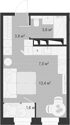 Планировка Студии 29.6 м² в ЖК «Гранд Комфорт 3», корпус 3