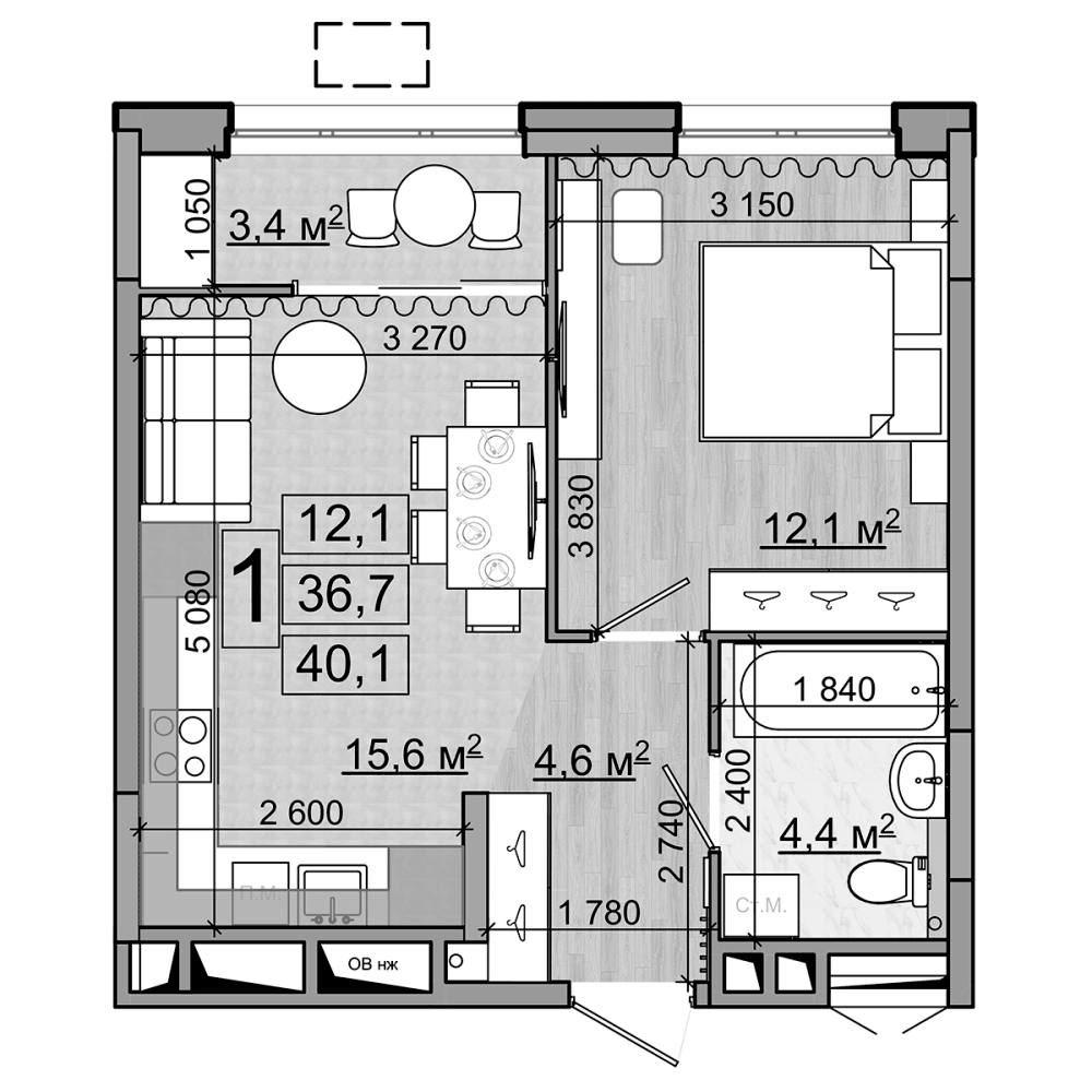 Планировка евродвушка (2Е) 40.1 м² в ЖК «Гранд Комфорт», корпус 1