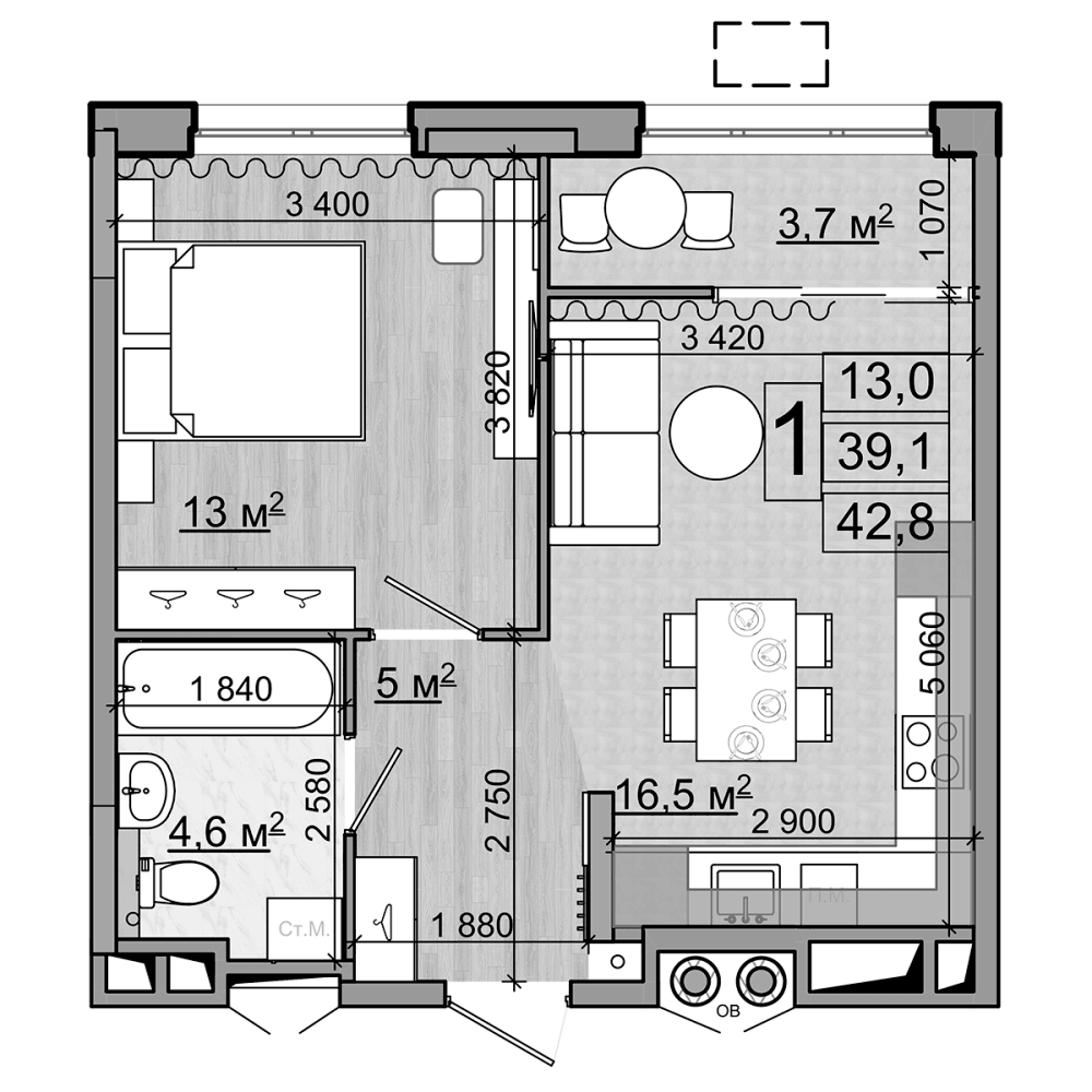 Планировка евродвушка (2Е) 42.8 м² в ЖК «Гранд Комфорт», корпус 1