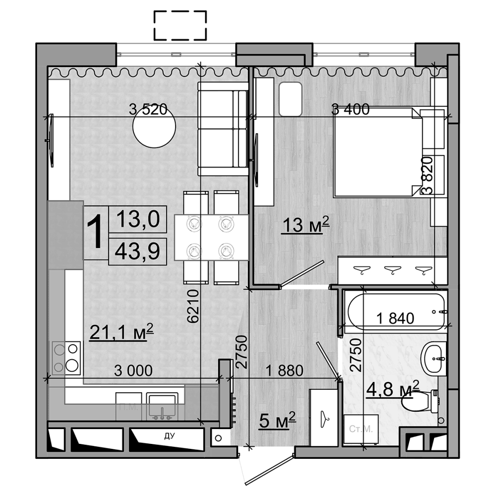 Планировка евродвушка (2Е) 43.9 м² в ЖК «Гранд Комфорт», корпус 1
