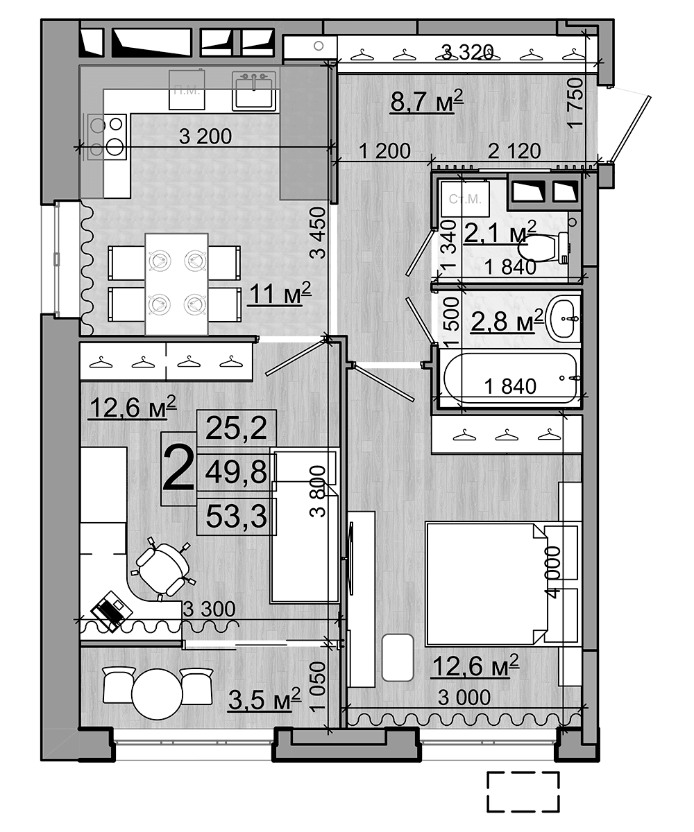 Планировка двухкомнатная 53.3 м² в ЖК «Гранд Комфорт», корпус 1