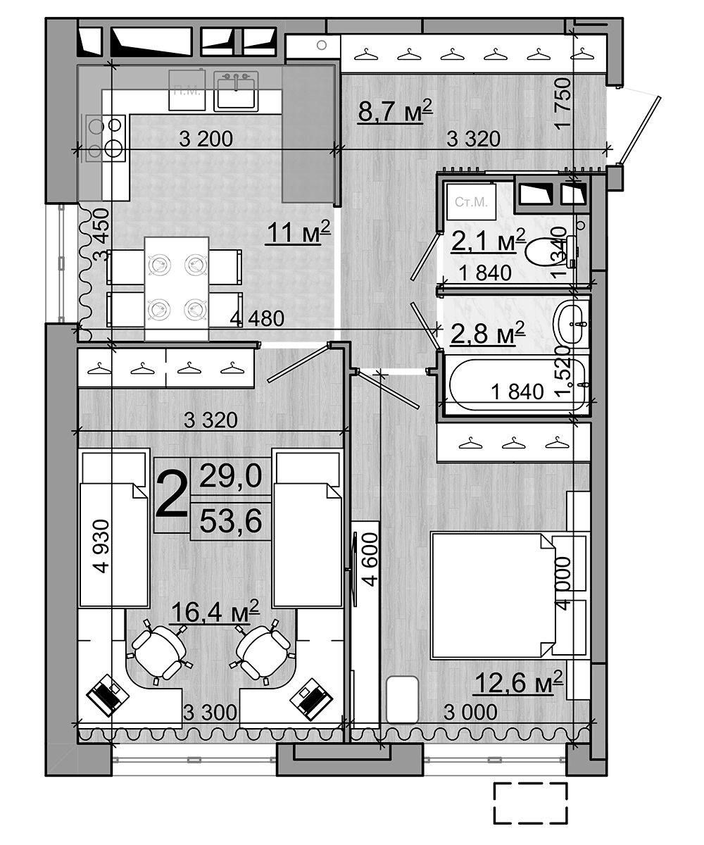 Планировка двухкомнатная 53.6 м² в ЖК «Гранд Комфорт», корпус 1