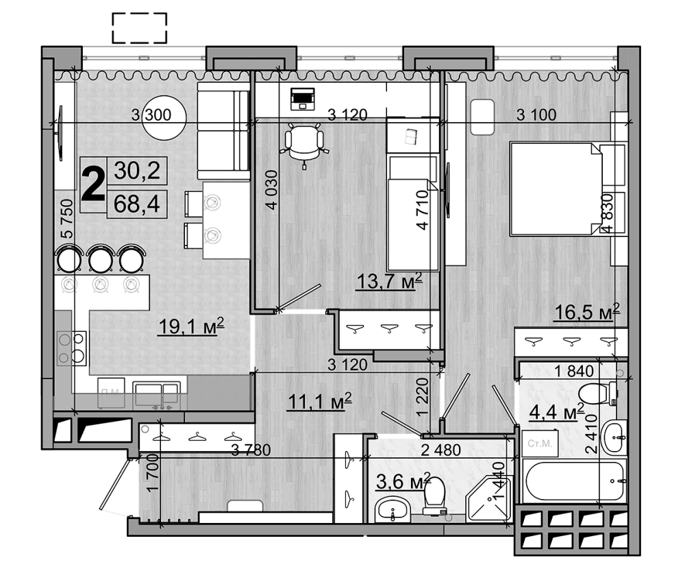Планировка евротрёшка (3Е) 68.4 м² в ЖК «Гранд Комфорт», корпус 1